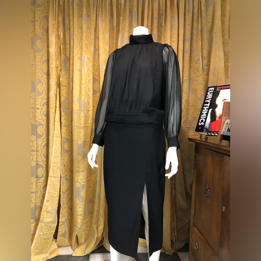 Elegant Ann Taylor Black Sheer Mock Neck Blouse Size M